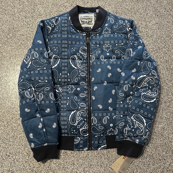 Levi's Bomber Jacket Mens M Quilted Puffer Blue Satin Bandana Paisley